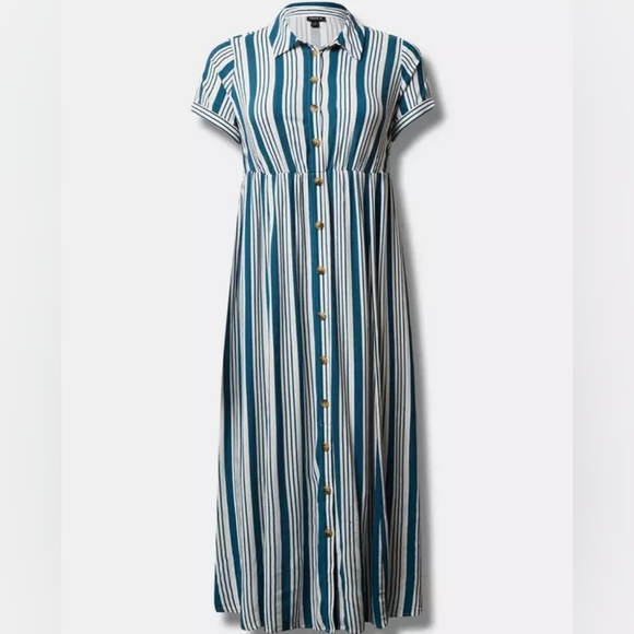 torrid Dresses & Skirts - Torrid Blue and White Striped Maxi Rayon Slub Button Front Godet A-line Dress